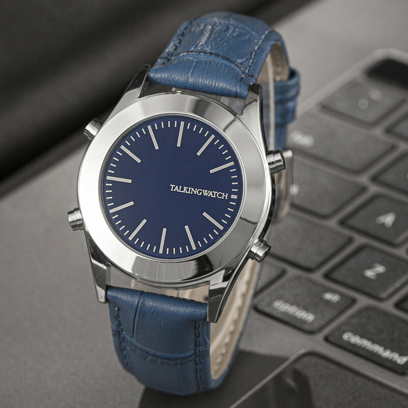 Reloj parlante en inglés Unisex, pulsera de cuarzo con esfera azul y plata de acero inoxidable