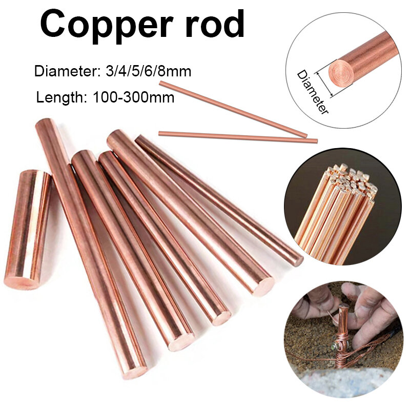 1 haste de cobre dos pces de vários tamanhos, metal vermelho da barra redonda de cobre do diâmetro do metal que processa 3/4/5/6/8mm, comprimento 100/150/200/250mm