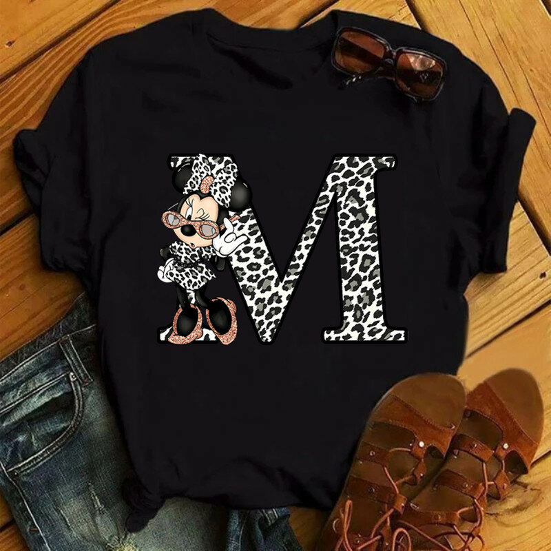 Disney Leopard Minnie Mouse A-Z 26 English Letters Women T-shirt Short Sleeve Balck Tops Tee Clothing for Woman