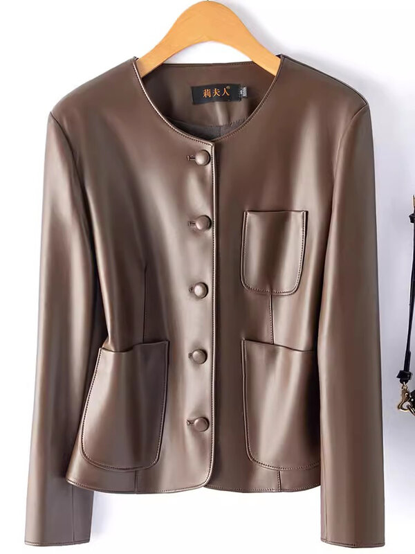 Nouvelle veste en cuir pour femmes - printemps-automne Vintage Col O Veste en peau de mouton ample à simple boutonnage Manteau court décontracté en cuir fendu