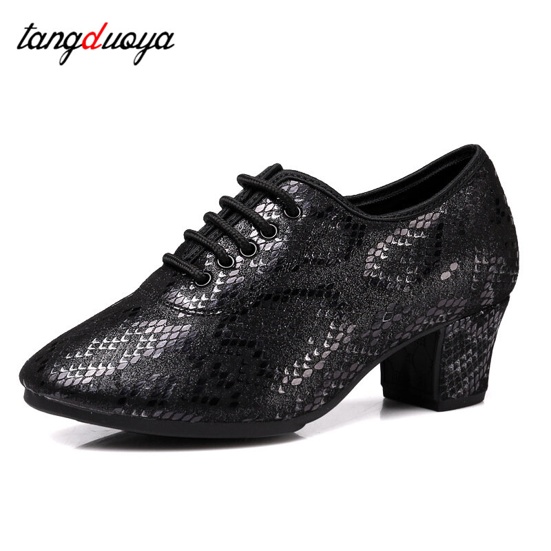 حذاء رقص أسود كعب متوسط مربع للنساء ، نعل ناعم ، أحذية رقص حديثة للبالغين ، أحذية عصرية للسيدات