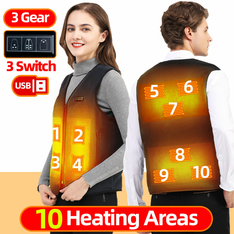 Chaleco calefactado eléctrico Usb para hombres y mujeres, ropa con calefacción térmica lavable, 10 áreas
