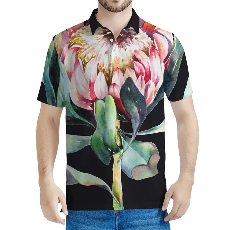 เสื้อโปโลลายดอกไม้ Protea สำหรับผู้ชายเสื้อโปโลแขนสั้นมีกระดุมแนวสตรีทเสื้อ3D ลายดอกไม้แบบลำลองสำหรับฤดูร้อน