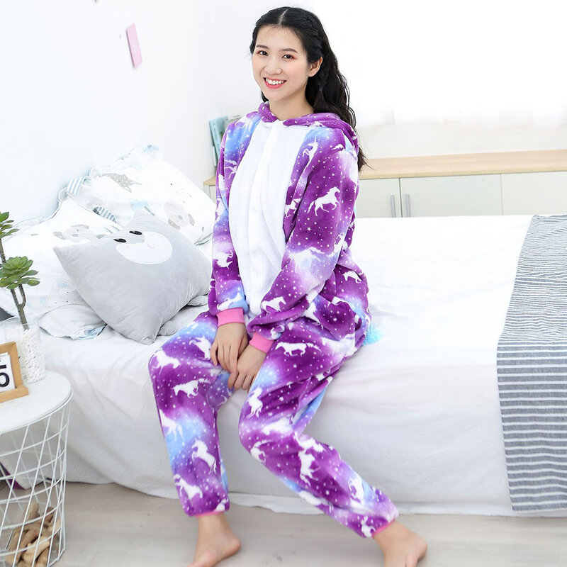Unisex Adults Flannel Pajamas Kigurumi Animal Costume Onesies Women Winter Warm Sleepwear Nightwear For Halloween Carnival Party