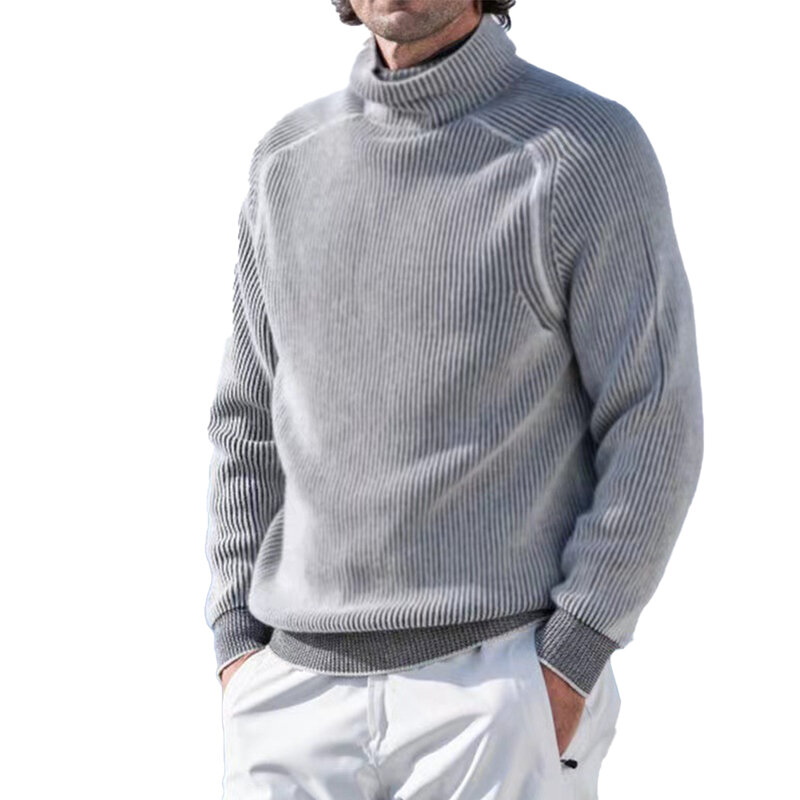 Sweater pria lengan panjang, Turtleneck hangat musim dingin Sweater lengan panjang atasan ketat abu-abu kasual rajut modis nyaman