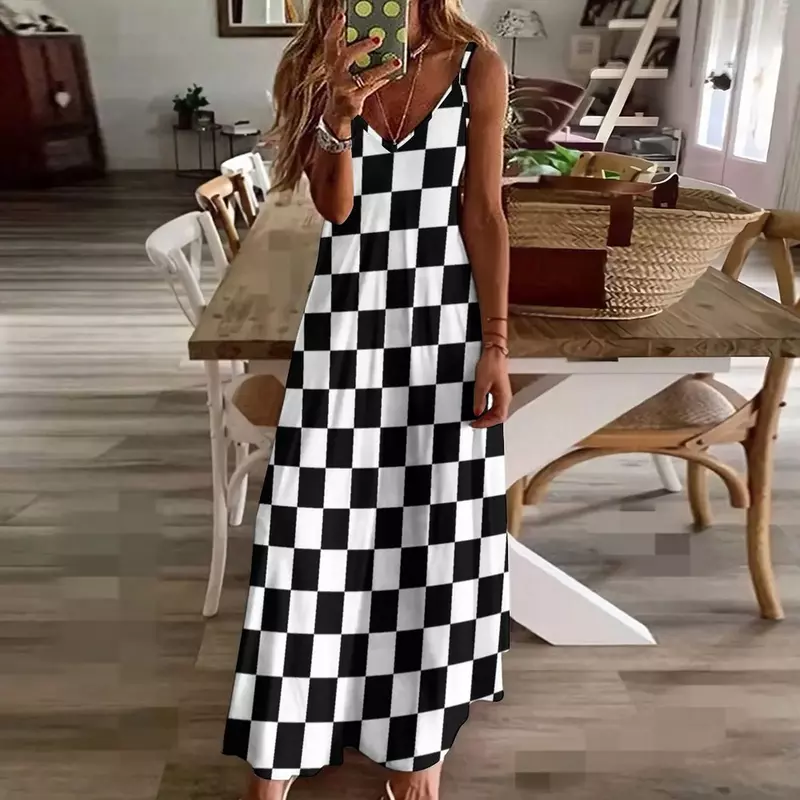 Gaun tanpa lengan pola kotak-kotak hitam dan putih gaun malam wanita musim panas 2024