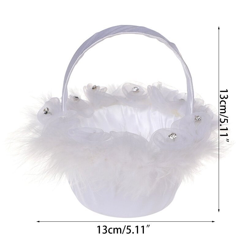 Flor menina cesta para casamento pequeno cetim branco envolto com renda avestruz fluff falso pérolas arcos flores sortidas estilo