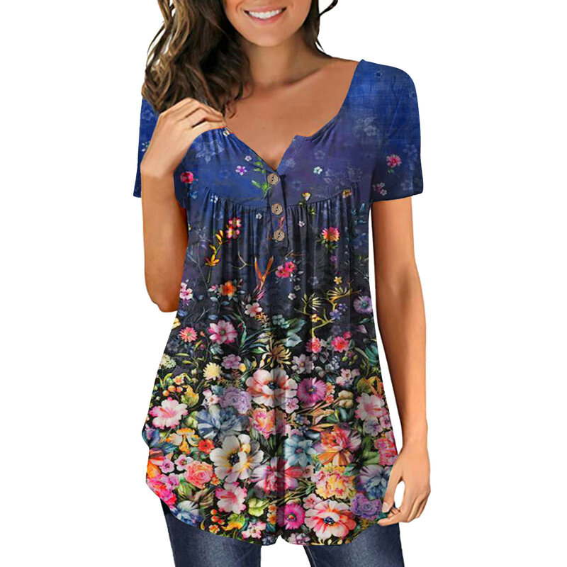 Plus Size koszule z krótkim rękawem bluzki dla kobiet lato Vintage kwiat koszule z nadrukiem na co dzień luźne guziki pulower koszule damskie