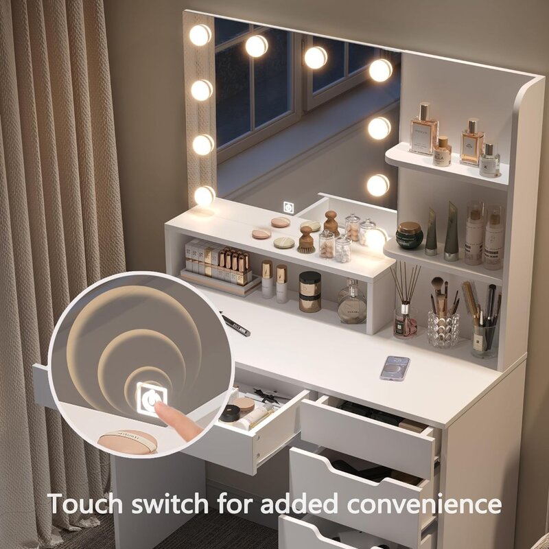 Tocador con espejo iluminado LED, mesa de maquillaje con 6 cajones, 3 modos de iluminación de Color, brillo ajustable