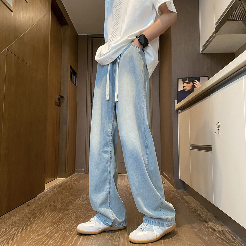 Celana Jeans tipis kebesaran pria wanita, celana Denim pinggang elastis biru muda Mode Korea pantalon kasual longgar 115kg