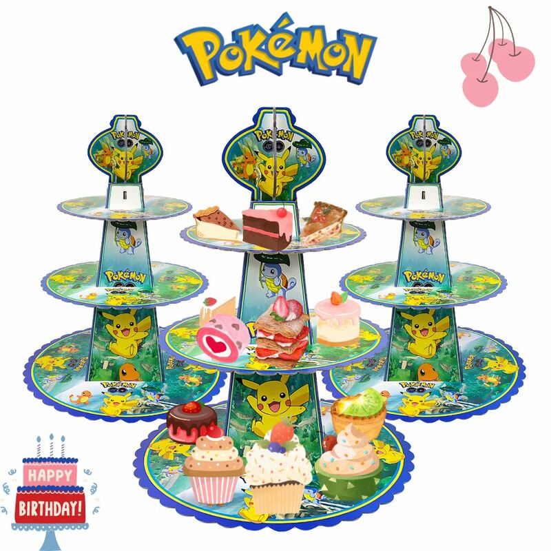1PCS Pokémon Cartoon Paper Cake Stand Cute Anime Toy Figure Pikachu Dessert Stand Birthday Party Christmas Pokemon Home Decor