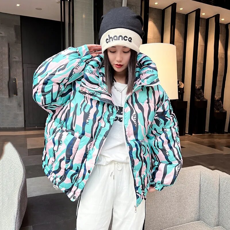 Winter Down Cotton Jacket Womens 2024 New Print Hooded Outerwear Short Parkas Female Thick Streetwear Warm Padded Coat
