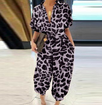 Комбинезон женский с леопардовым принтом, модный свободный элегантный костюм с V-образным вырезом, на пуговицах, с коротким рукавом, одежда для работы