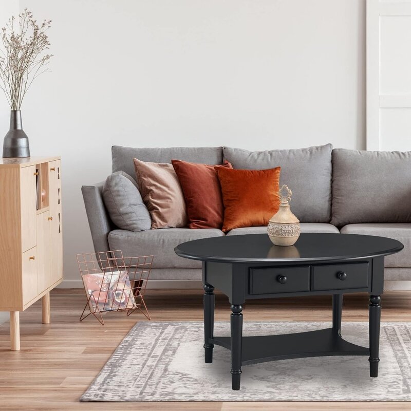 Mesa de centro de madera negra cisne con estante, mesa de centro ovalada, mesas de centro, sillas de sala de estar, muebles de comedor