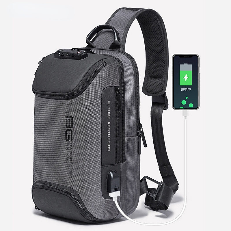 Tas dada pria, tas bahu perjalanan luar ruangan dengan pengisian daya USB tahan air anti-maling tas selempang antigores 2023