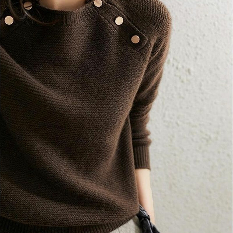 Sweter z długim rękawem i okrągłym dekoltem, jednokolorowa bluza z guzikami, prosta rurka, moda jesienno-zimowa