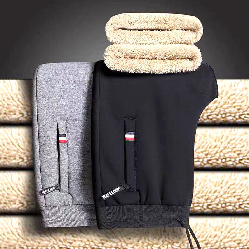Calças masculinas de lã de cordeiro, moletom solto e robusto, estilo espartilho reto, tamanho extra, 2 calças quentes, outono e inverno