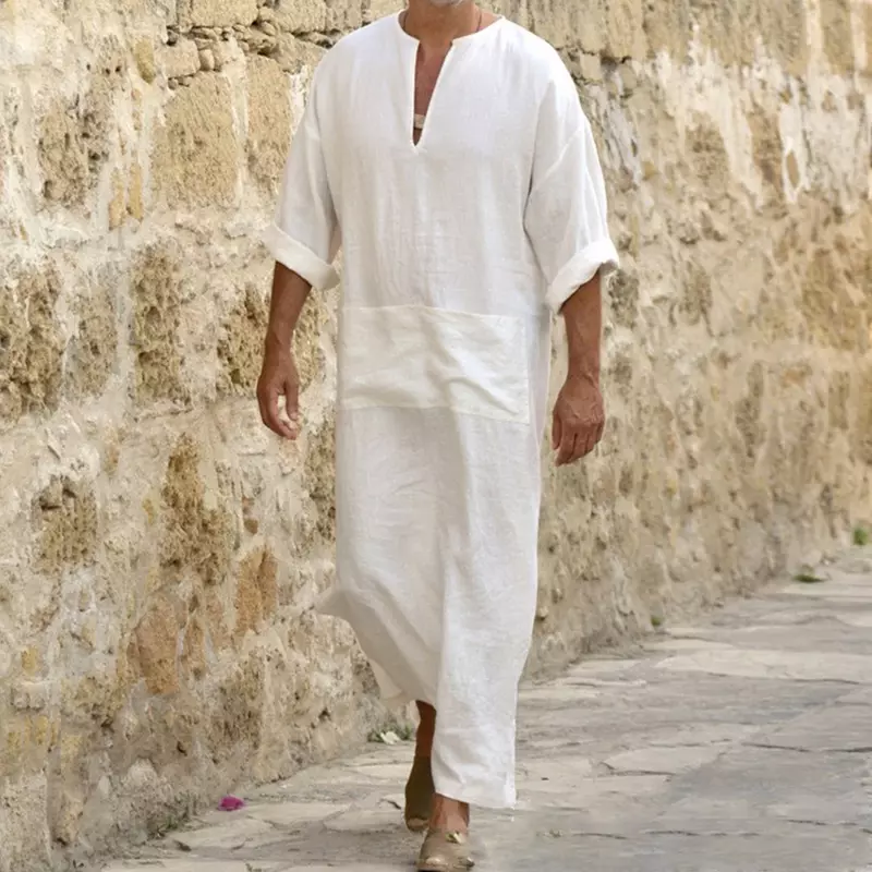 Plus Size Men Solid Color Muslim Robe Retro Arab Islamic Long Dress Casual Cotton Linen Long Kaftan Middle East Islamic Clothing