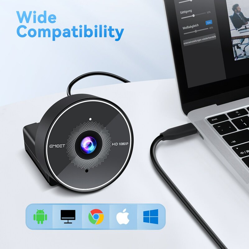 Cámara Web con micrófono y cancelación de ruido, Webcam 1080P, EMEET C955, USB, PC, para ordenador, reuniones, clases en línea, YouTube