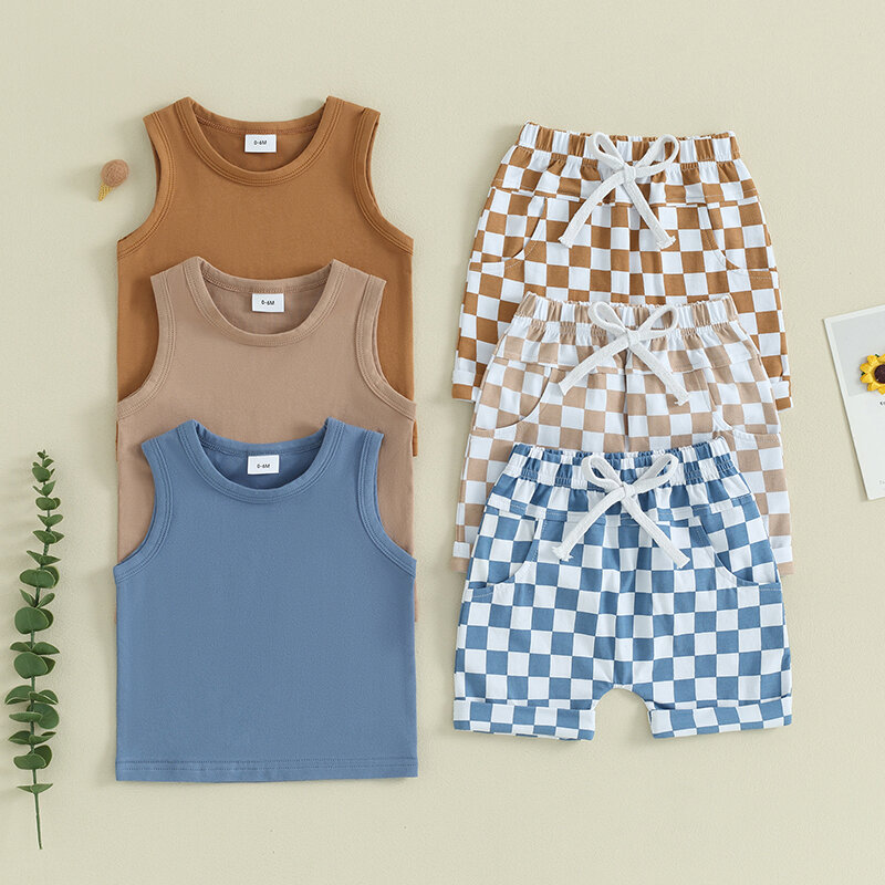 Lioraitiin-Conjunto de ropa de verano para bebé, camiseta sin mangas lisa, pantalones cortos a cuadros, 2 piezas, 2023-12-09