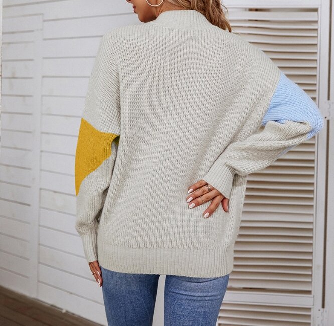Женский контрастный шерстяной свитер с длинным рукавом и высоким воротником, Осень-зима 2023