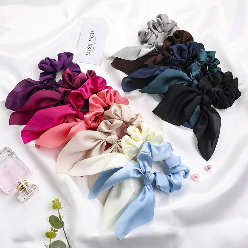 New Chiffon Bowknot Elastic Hair Bands For Women Girls Solid Color Scrunchies Hair Ties Ponytail Holder Headband Hair Accessorie