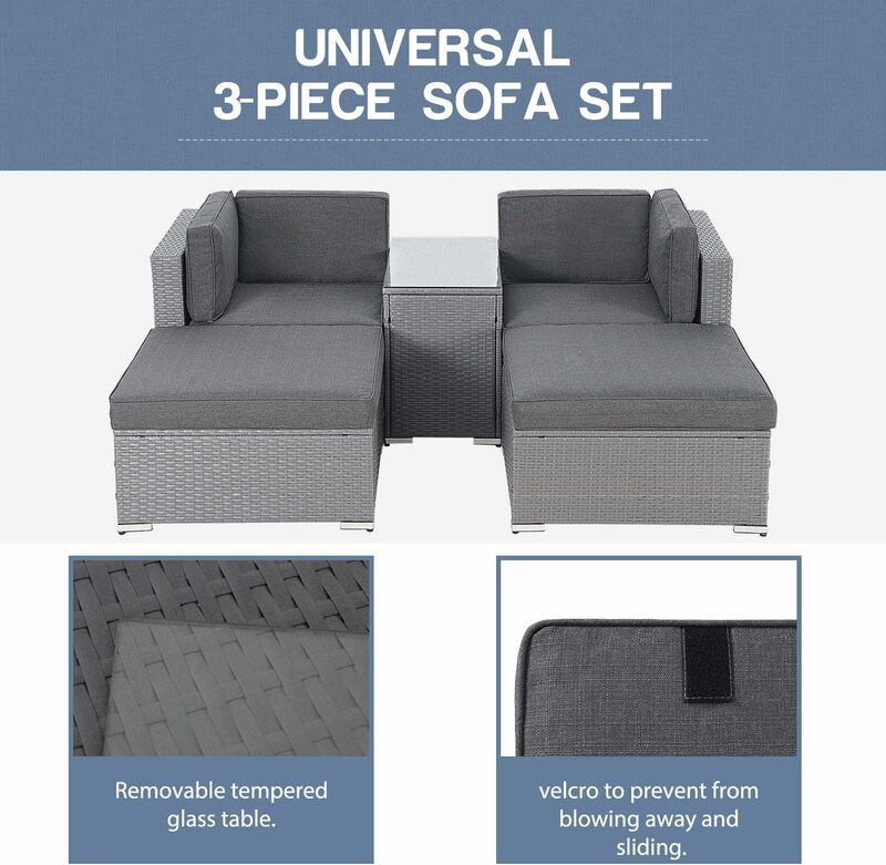 Canapé sectionnel en rotin avec coussins lavables, ensemble de meubles d'extérieur, chaise WUNICEF, PE, 4/5 pièces
