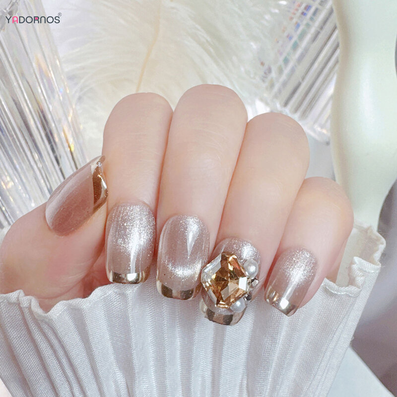 Stampa fatta a mano sulle unghie occhi di gatto unghie finte argento stile francese unghie finte suggerimenti Glitter strass Design Manicure fai da te 10 pz