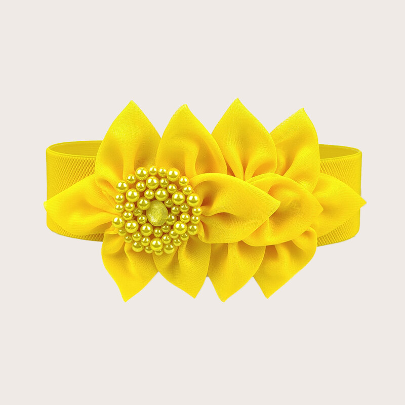 Cinturón elástico de estilo coreano para mujer, accesorio decorativo de flores grandes, a la moda, con sello de cintura ancha que combina con todo, color amarillo, azul marino