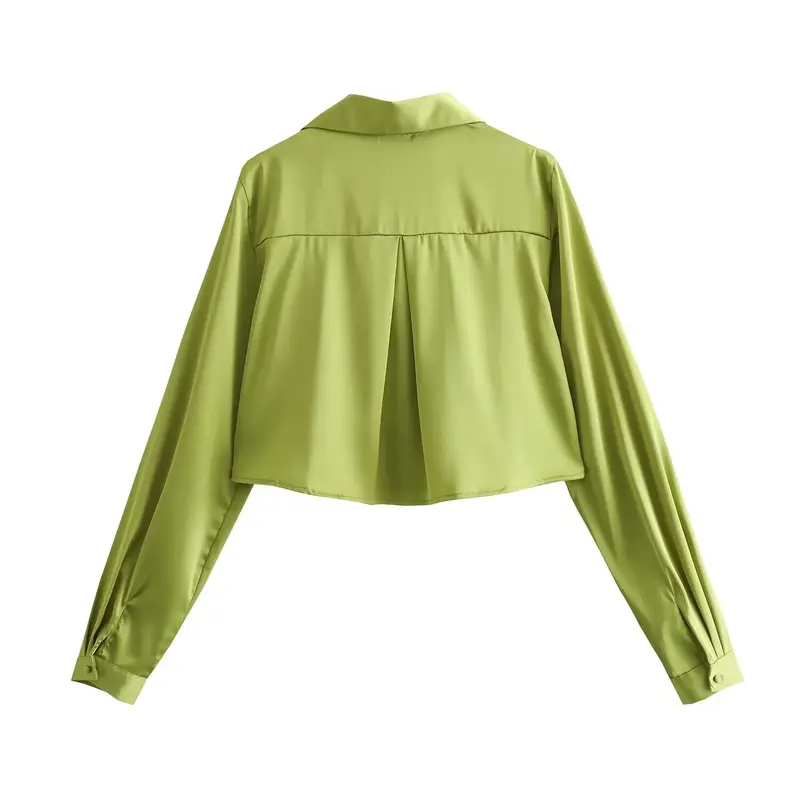 Блузка женская укороченная на пуговицах, модная повседневная с шелковой текстурой, винтажная рубашка с отложным воротником и длинным рукавом, шикарный топ