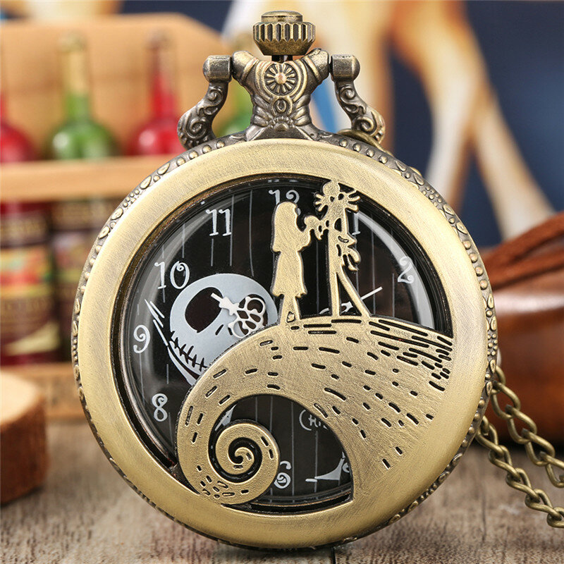 Reloj de bolsillo analógico de cuarzo Unisex, pulsera con diseño de calavera ahuecada en color negro/plata/oro antiguo, cadena de suéter, regalo de Nochebuena