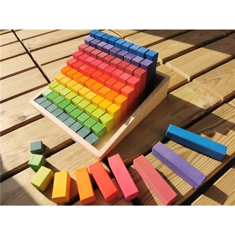 Juego de bloques de construcción de madera para niños, juguete de bloques de construcción cuadrados de madera, apilamiento de arcoíris, 100 piezas