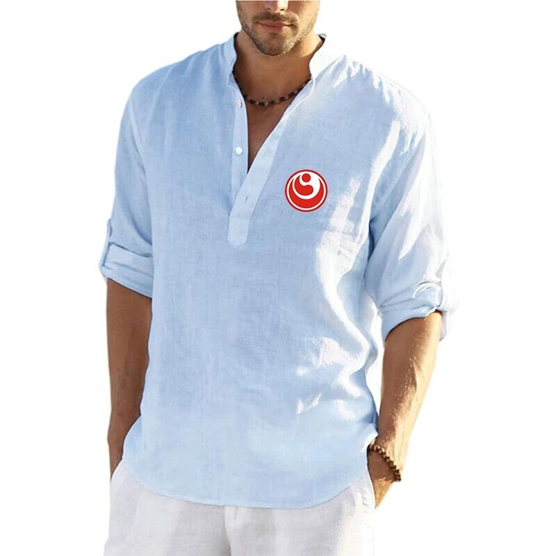 2024 Kyokushin Karate Men Spring and Autumn Hot Sale Cotton Linen Long-Sleeved Solid Color V-Collar Casual Beach Casual Tops