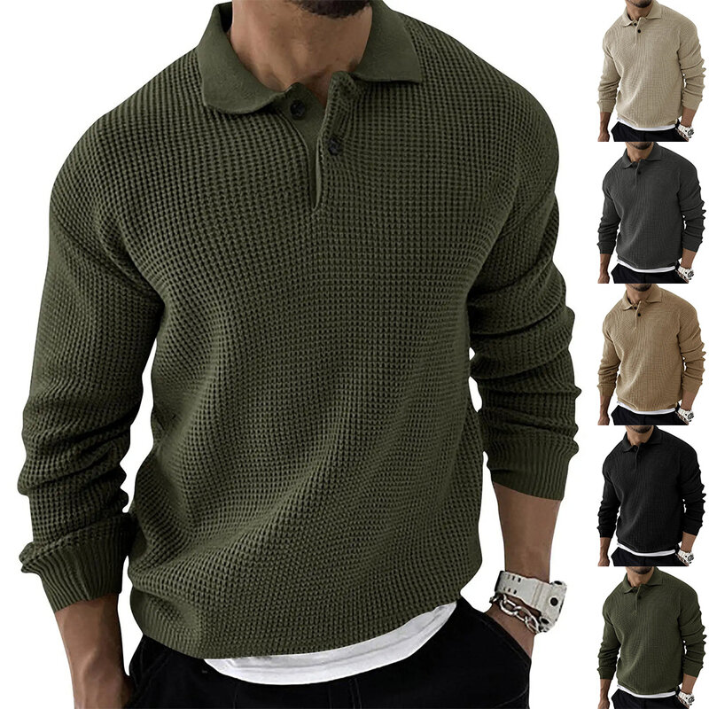 Camisa polo masculina de malha, pulôver monocromático de lapela, streetwear social, roupas casuais de negócios, suéter outono e inverno