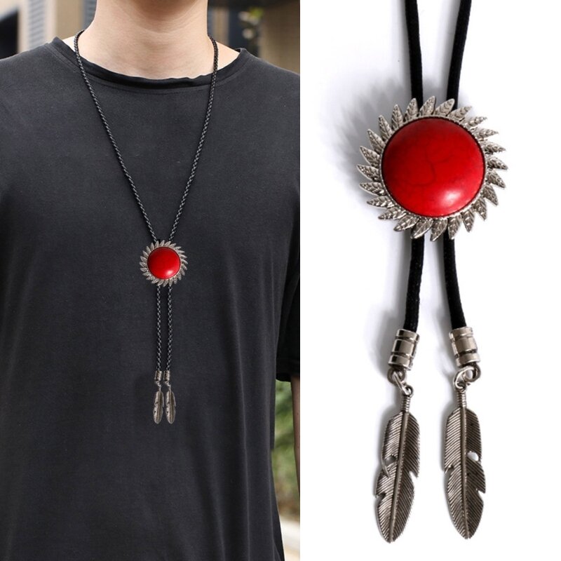 Bolo Tie Leather Rope Sun Stone Western Necklace Costume Accessory for Men DXAA