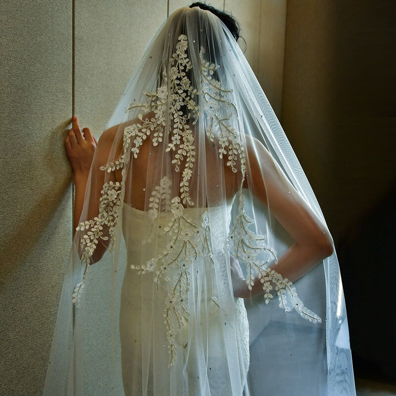 BL4046 Flower and diamond inlaid trailing headdress wedding bridal veil