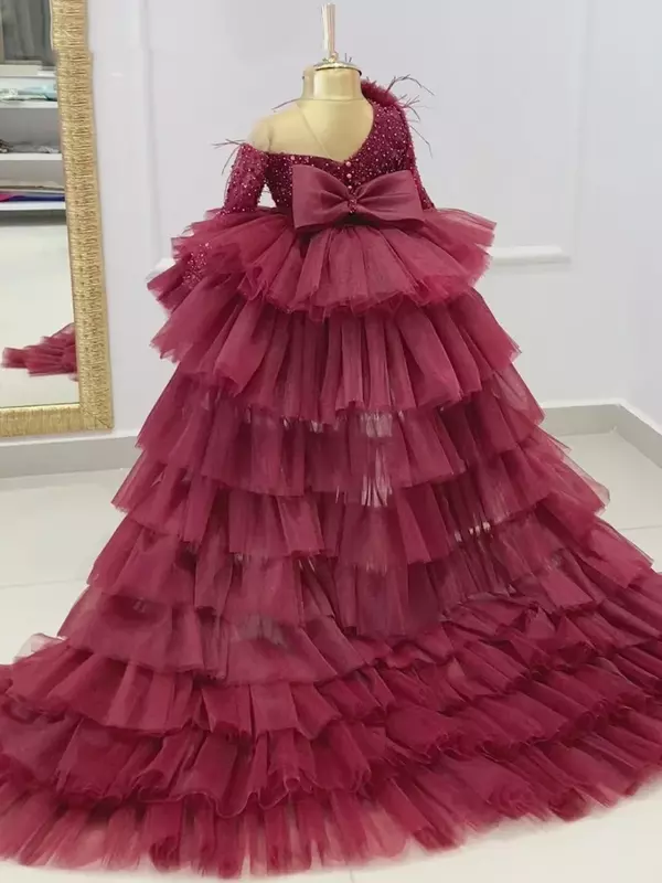 Vestido inchado de tule rosa para florista, camadas com lantejoulas, arco e rabo, ombro único, manga longa, apto para casamento e banquete de aniversário