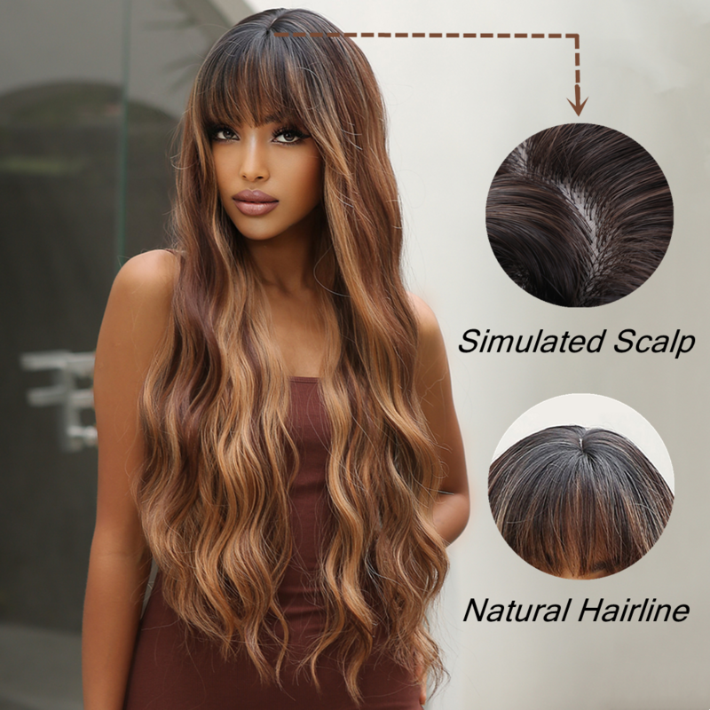 ALAN EATON Honey Brown Highlight Synthetic Wigs for Black Women Long Wavy Wigs with Bangs Cosplay Colored Hair Heat Resistant