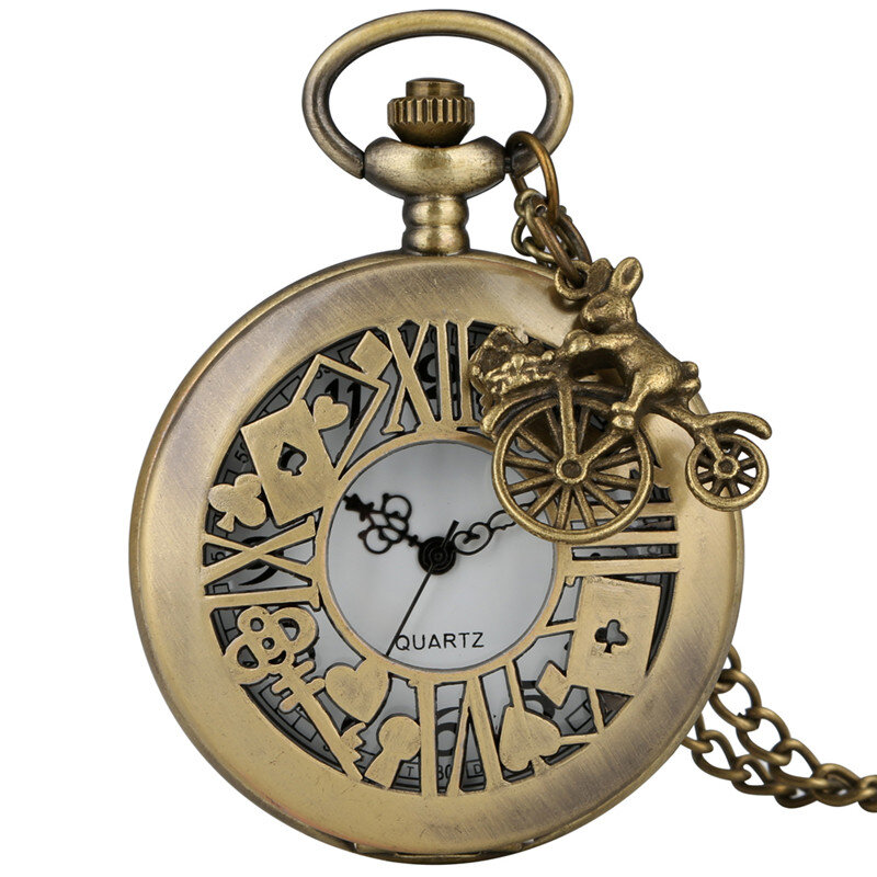 Antique Hollow Out Poker Card Cover Retro Full Hunter Quartz Pocket Watch with Necklace Chain Pendant Riding Rabbit Accessory