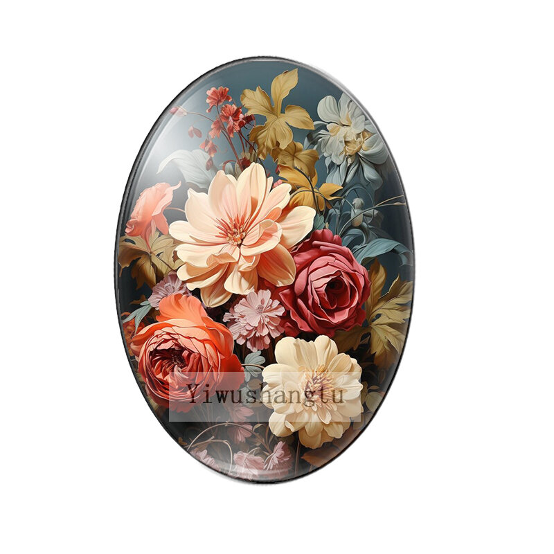 明るい色のバラの花の芸術の絵画,楕円形の写真,ガラスカボション,デモフラットバック,製造結果,13x18mm, 18x25mm, 30x40mm