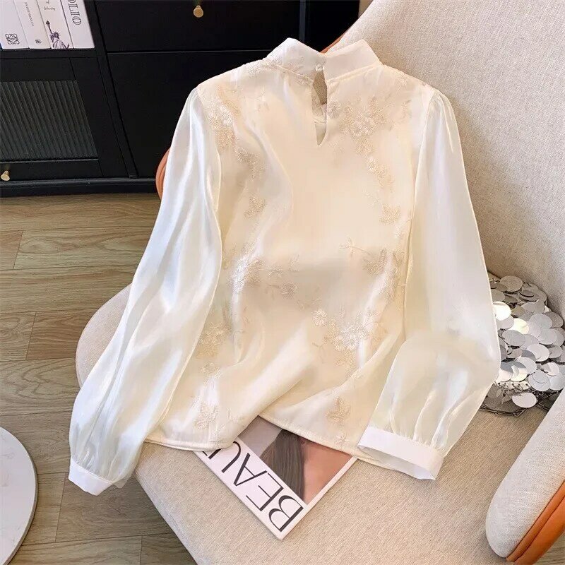 YCMYUNYAN-Blusa bordada de estilo chino para mujer, camisa Vintage de gasa suelta, Tops de manga larga, ropa de primavera y verano
