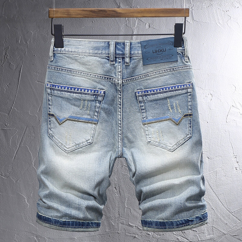 Letnia modna designerska krótka dżinsowa męska sprany niebieski Retro rozciągliwe dopasowanie pasująca porwane jeansy casualowe spodenki jeansowe Hombre w stylu Vintage