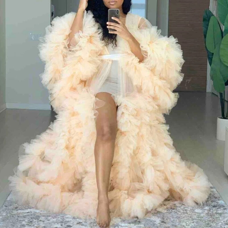 Puffy Tulle Robe Perspective Sheer Tulle See Through Long Pink Dressing Gowns Fluffy Maternity Dress Photoshoot Bridal Sleepwea