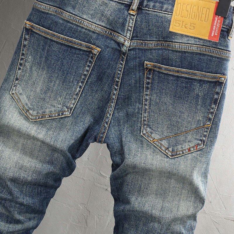 Pantalones vaqueros de alta calidad para hombre, Jeans Retro lavados, elásticos, ajustados, Vintage, bordados, de diseñador, informales, nueva moda