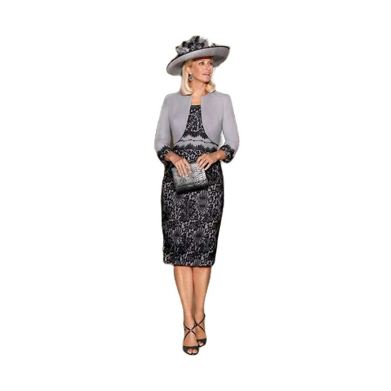 Vestidos de encaje de Color de contraste para madre, traje de encaje negro con chaqueta, largo hasta el té, para fiesta, 2024 en oferta