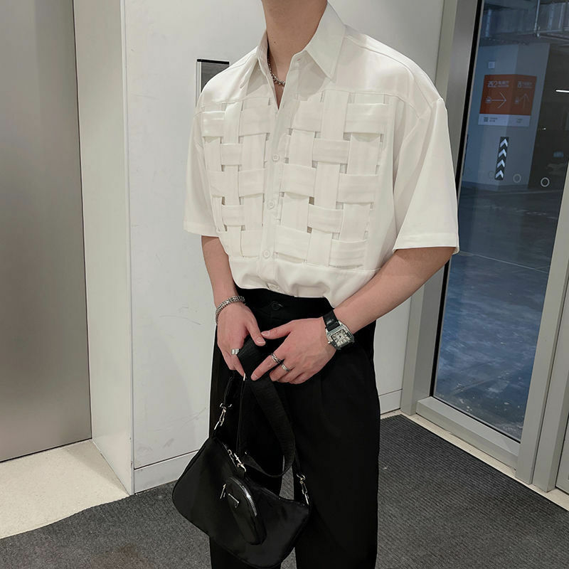 Summer Round Neck Fashion Half Sleeve Shirt Man High Street Casual Loose Button Cardigan Solid Color Personality All-match Tops