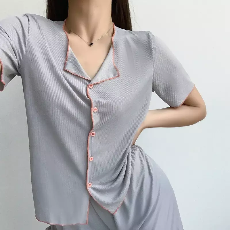 Ice Silk Pajamas Women's Suit Summer Lapel Cardigan Short Sleeve Thin Section Loose Sexy Pajamas For Women Large Size Homewear