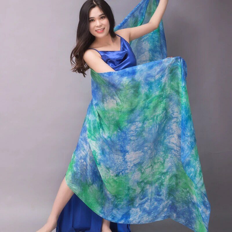 Véus de seda personalizados da dança do ventre para dançarino, lenço de mão gradiente, adereços de seda reais, multi colorido Tie-dye, 250x 114cm