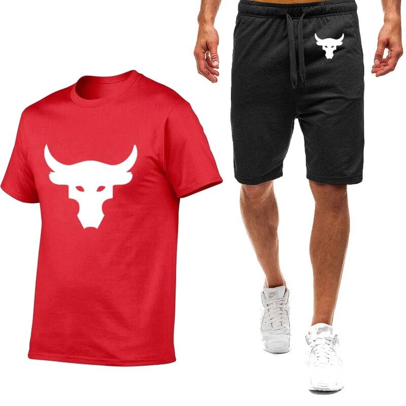 Dwayne Johnson Brahma Bull tatuagem logotipo masculino impresso em torno do pescoço manga curta e conjuntos de shorts esportivos populares, moda verão, 2024