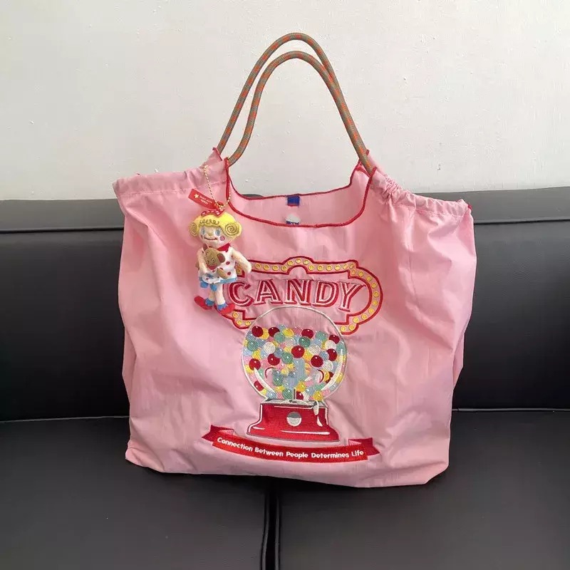 حقيبة كتف أرنب بميدالية يابانية ، حقيبة تسوق بسلسلة كروية ، قماش نايلون بيئي